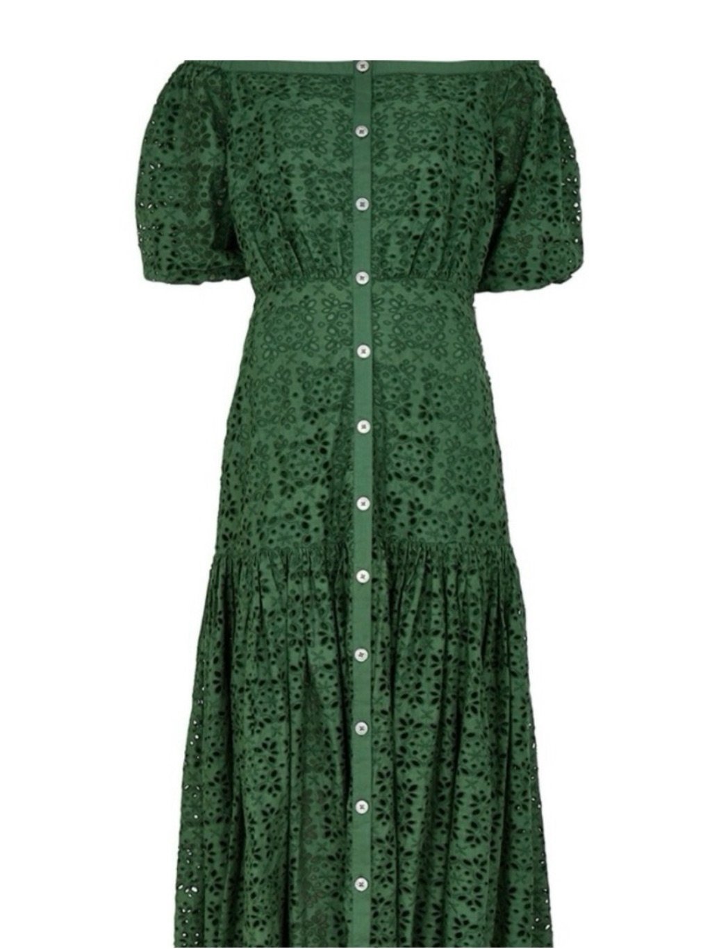 Veronica Beard Emerald Green Off-Shoulder Eyelet Button-Front Maxi Dress